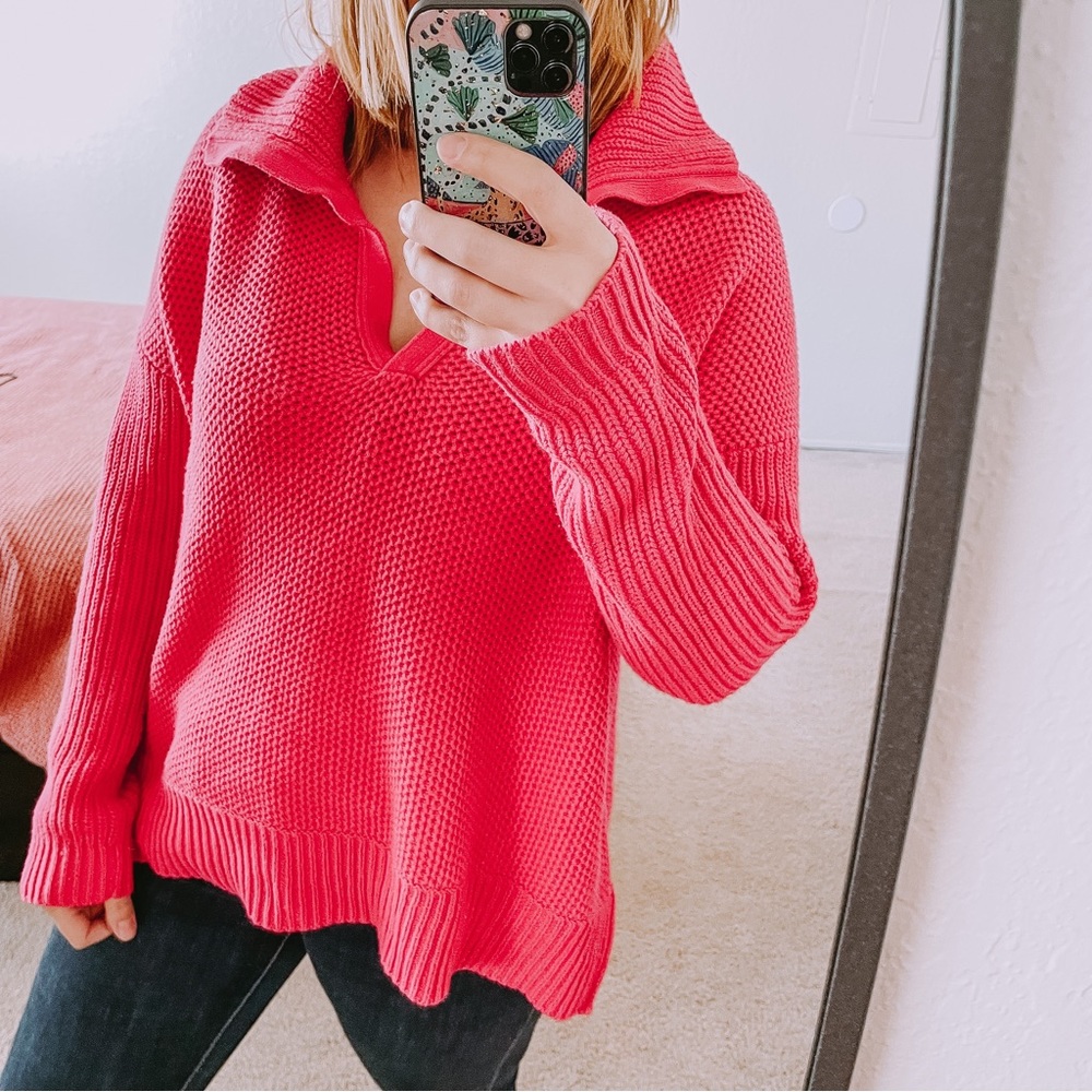 Ralph Lauren chunky knit deep v neck sweater large collar size XL pink